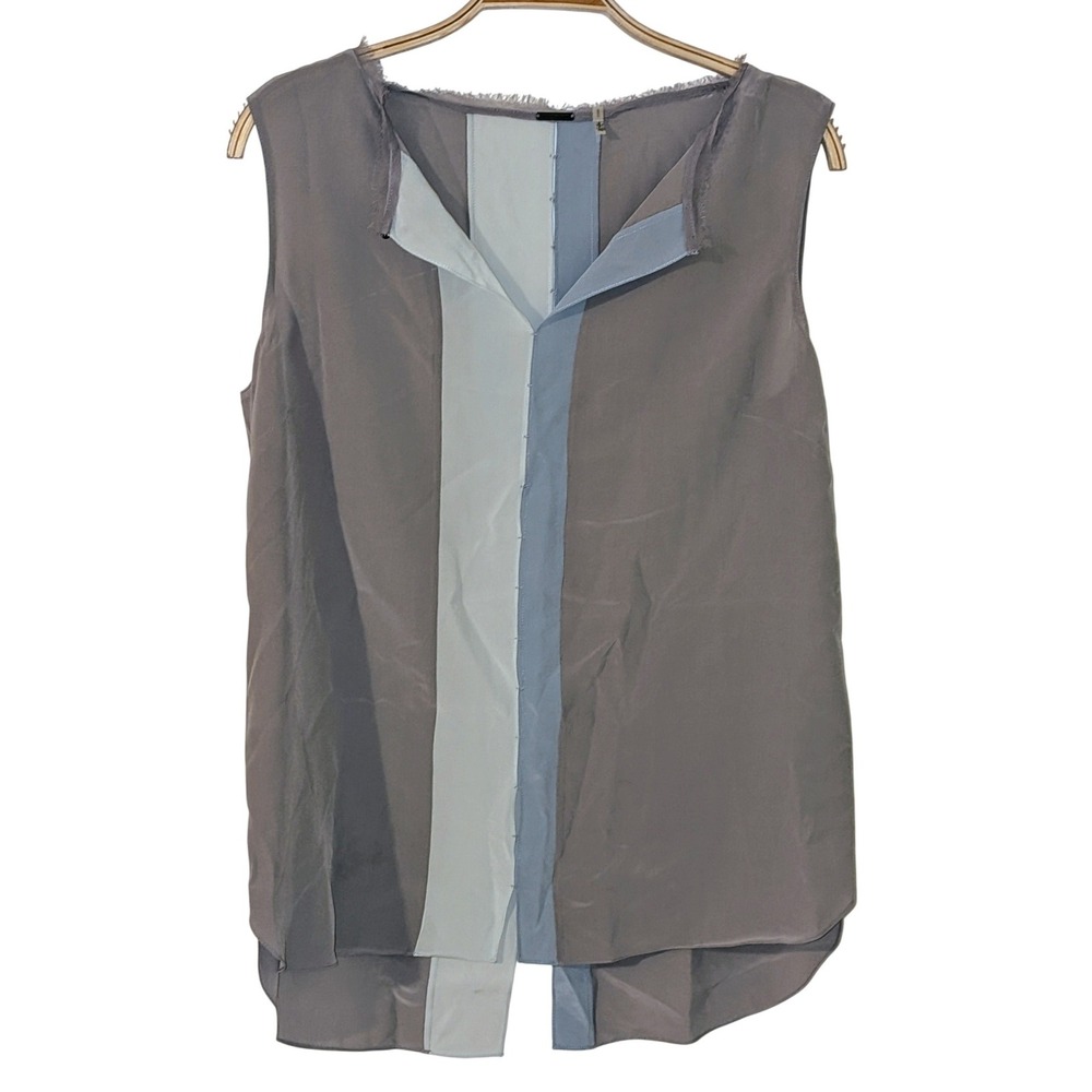 Elie Tahari Silk Colorblock Sleeveless Blouse Grey Blue Frayed Neck Small